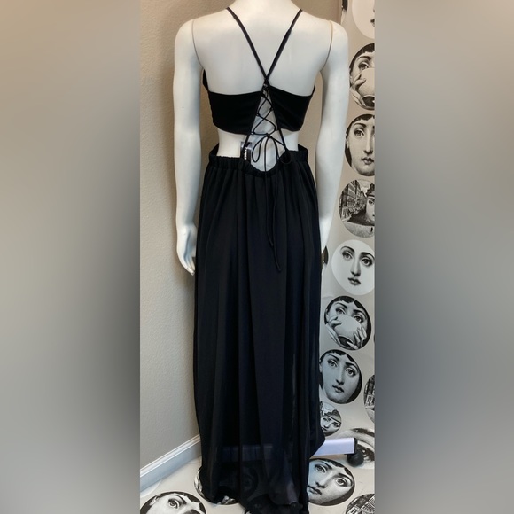 Express Black Double Layer Strappy Dress w/ Side Cutouts and Lace Up Back Sz L - Picture 2 of 9